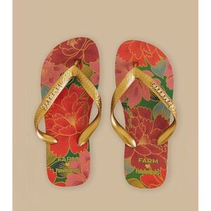 Havaianas FARM RIO Floral Print Flip Flops Women's Gold Straps Size 9/10 Sandal